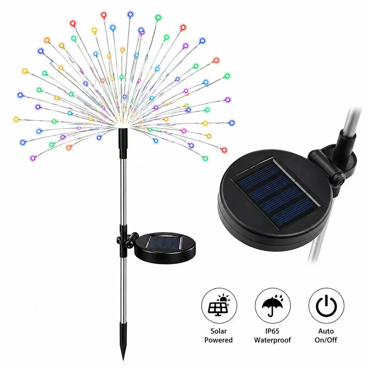 2-Pack Bright Solar Firework Lights - Solar Illuminated Colorful, 200 LEDs Each, 8 Lighting Modes, IP65 Waterproof, Halloween Backyard Glow Up Decor for Outdoor Use