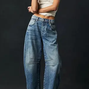 Women’s mid-rise barrel jeans — wide-leg, mid-waist cropped denim pants; Y2K baggy boyfriend jeans with pockets; loose women’s high-waisted jeans