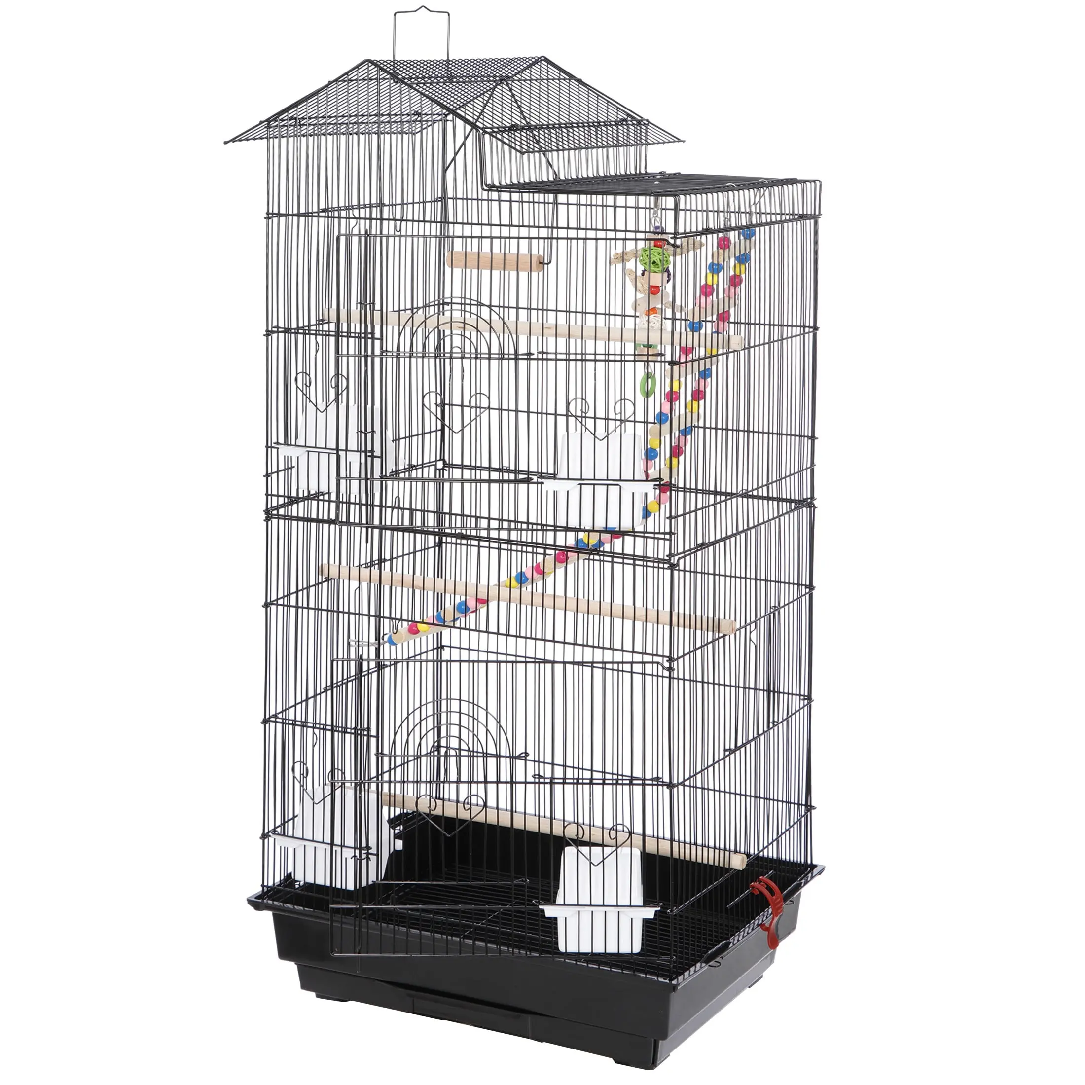 39" House-Shape Large Iron Parakeet Cage, Durable Metal-Frame Pet Bird Cage, Portable Design, Spacious Interior, Feeding Doors, Rolling Base, Black Bird Supply Accessory, Parakeet Cages,summerwins
