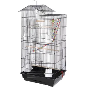 SUPERDEAL 39" House Shape Bird Cage Large Parrot Cage Metal Frame, Black
