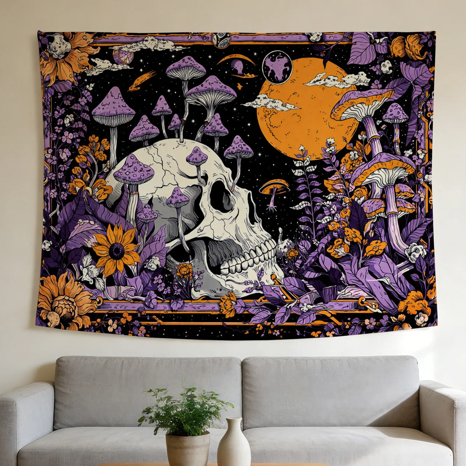 Lightweight Skull Mushroom Psychedelic Cosmic Tapestry - Home Decor Wall Hanging, Festival Backdrop for Halloween, Christmas, Valentine's Day