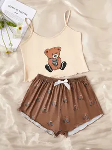Women's Two-Piece Tank Top Pajamas Set, Cute Bear Print, Ruffled Shorts, Comfortable Nightwear, Fashion Sleepwear for Women, Loungewear