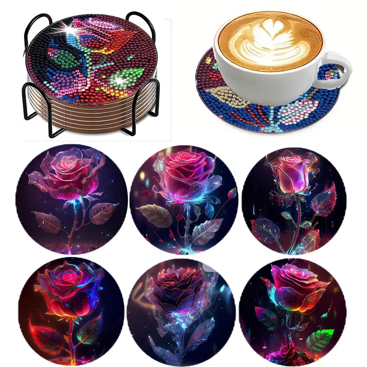 6 Piece Floral Diamond Painting Wooden Coasters Set, Decorative Coaster, Coasters for Drinks, Cup Coasters, Aesthetic DIY Creative Craft Kit, Home Decor & Holiday Gift Idea, Fun Lifestyle Addition