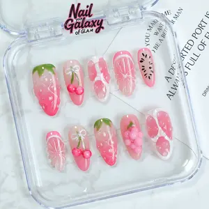 Summer Collection Press-On Nails | Medium Almond with 3D Strawberry, Cherry & Grape Charms | Glossy Pink false Nails for Daily Cuteness – NaiiGalaxy 10PCS