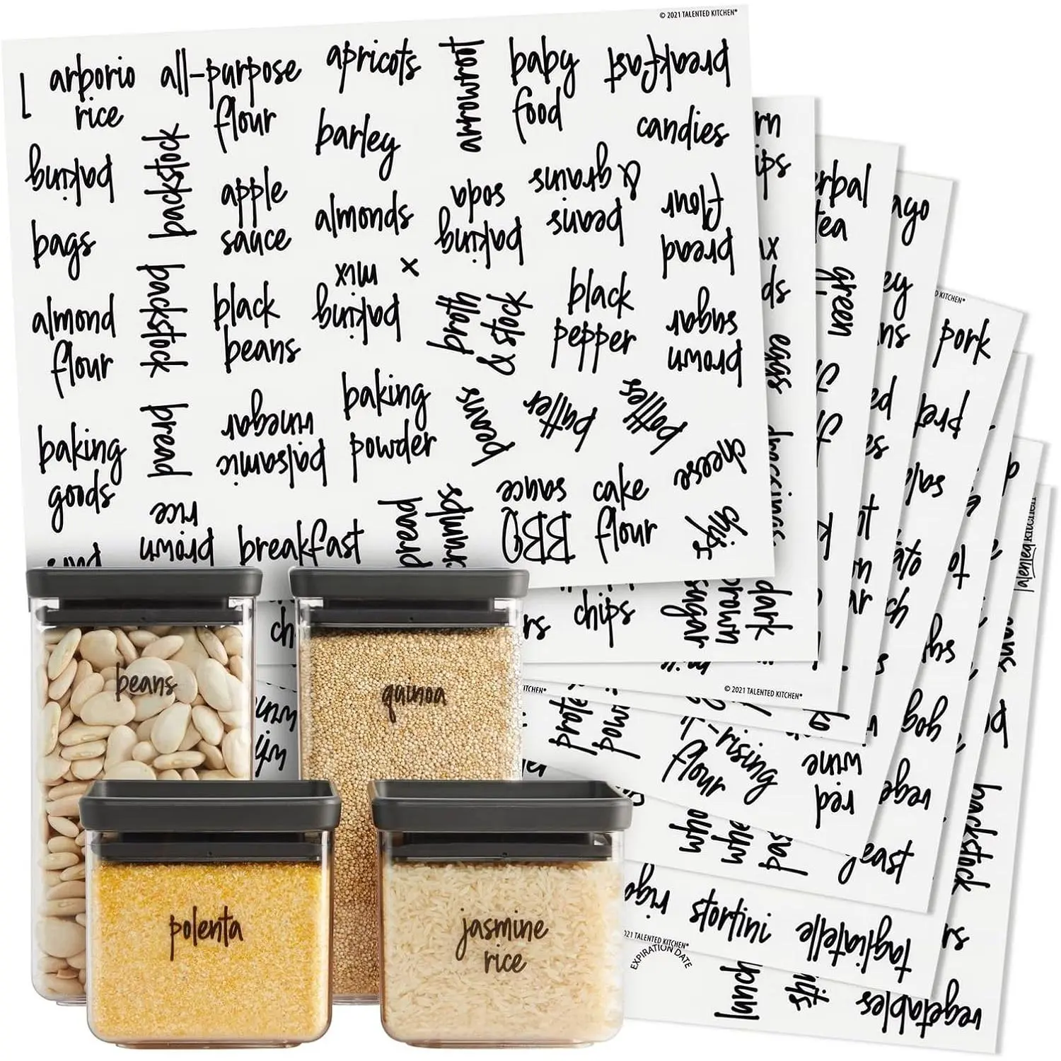 Talented Kitchen Pantry Labels for Containers - 375 PC Clear Vinyl Black Script - Peel & Stick Food Container Labels & Kitchen Pantry Organization Stickers