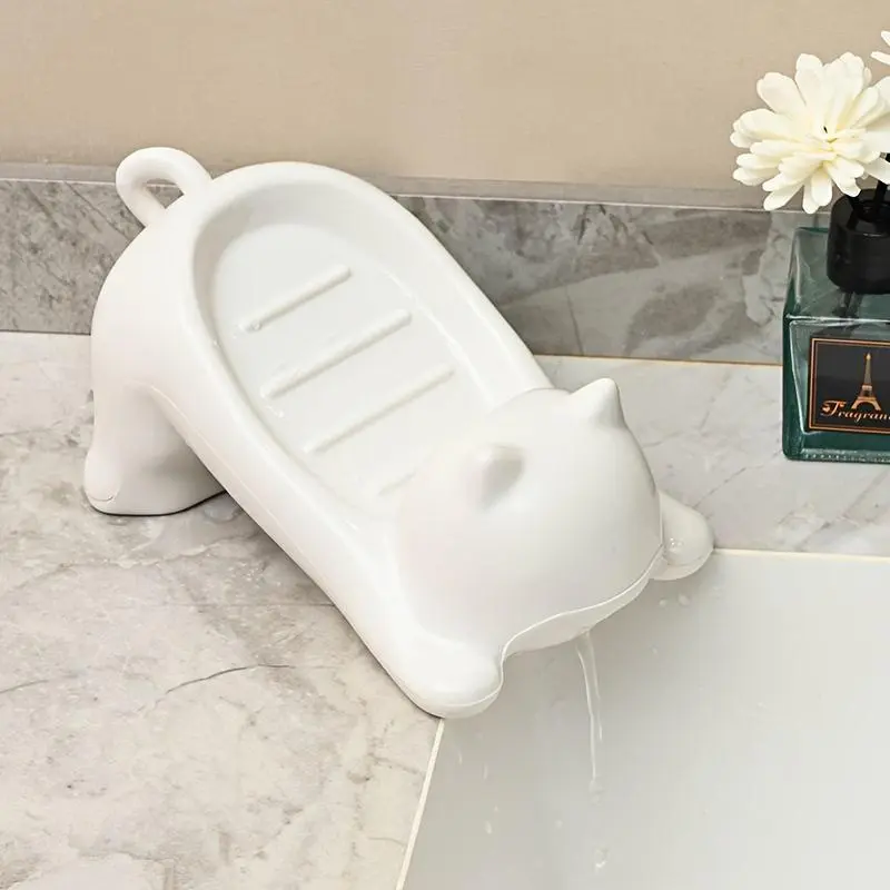 Adorable Cat-Shaped Bar Soap Dish - Durable Plastic Drainage Soap Holder with Ventilation Holes, Lightweight Portable Bathroom Organizer for Shower, Vanity, Sturdy Home Decor Accessory, Bar Soap Dishes, Drainage Soap Dishes
