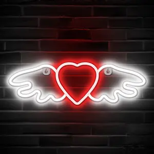 Heart Angel Wings Neon Sign - Neon Heart & Angel Wings Neon Light for Teens/Kids/Girls Room Wall Decor - USB Powered Angel Neon Heart Sign with On/Off Switch - 14 x 4.5-inch LED Sign