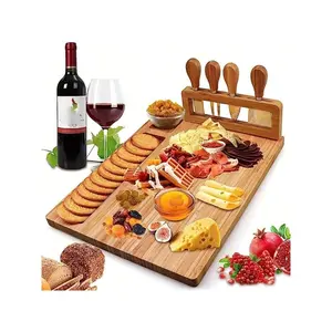 1 Set Bamboo Cheese Board Set, Cheese Tray, Charcuterie Board And Serving Meat Platter With 4 Stainless Steel Cheese Knives, Ideal For Wedding Gifts Christmas Birthday Party