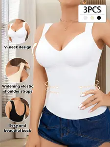 3PCS Women's Seamless Solid Shapewear, Compression Body Shaper, Molded Cup Waist Cinching, Comfortable Lightweight Tank Top, Casual All Seasons Blouse