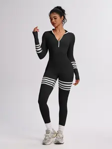 Women's High Neck Zipper Yoga Sporty Jumpsuit Set, Long Sleeve Fitness Top + Colorblock Striped Tight Running Pants, Casual Home Sportswear