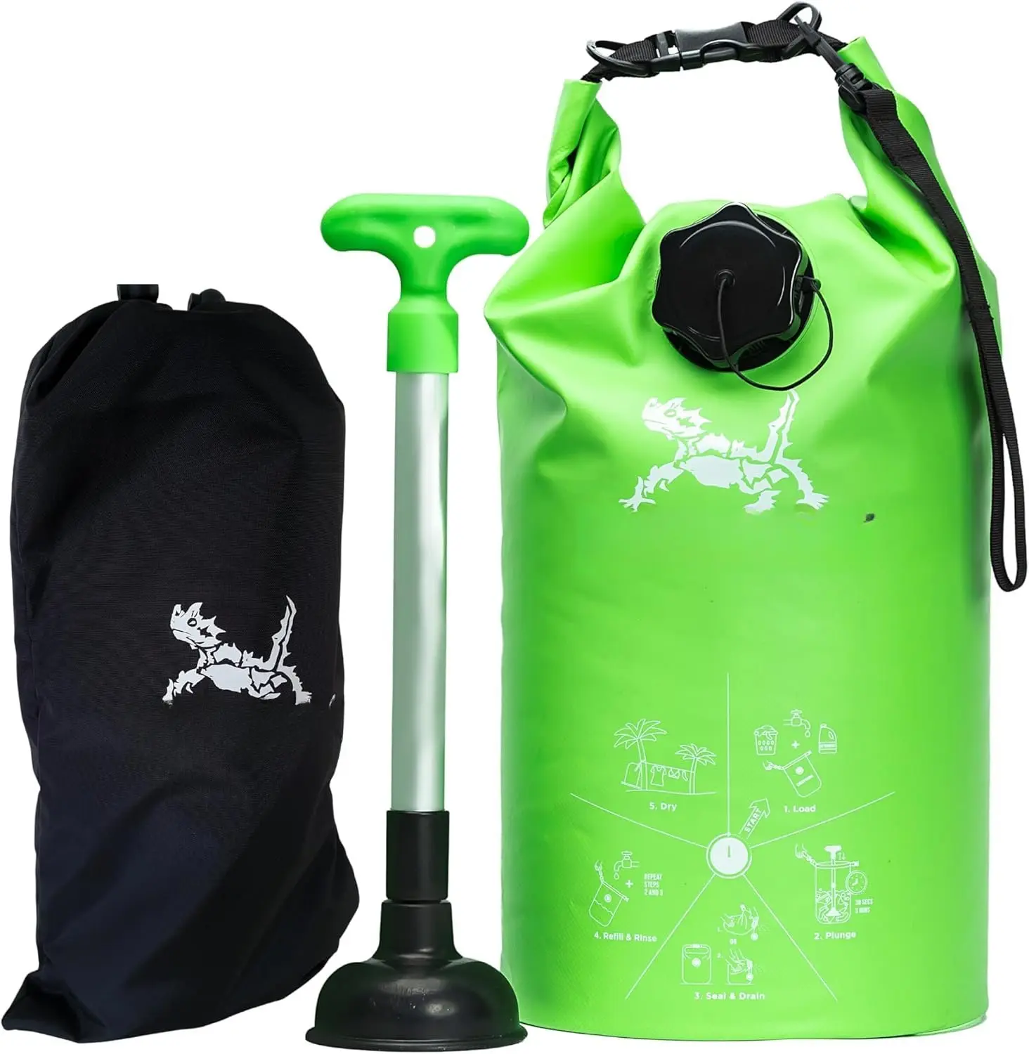 One Hand Wash Bag and Plunger Set - Off Grid Washing Machine Non Electric for Camping Travel |  Portable Manual Clothes