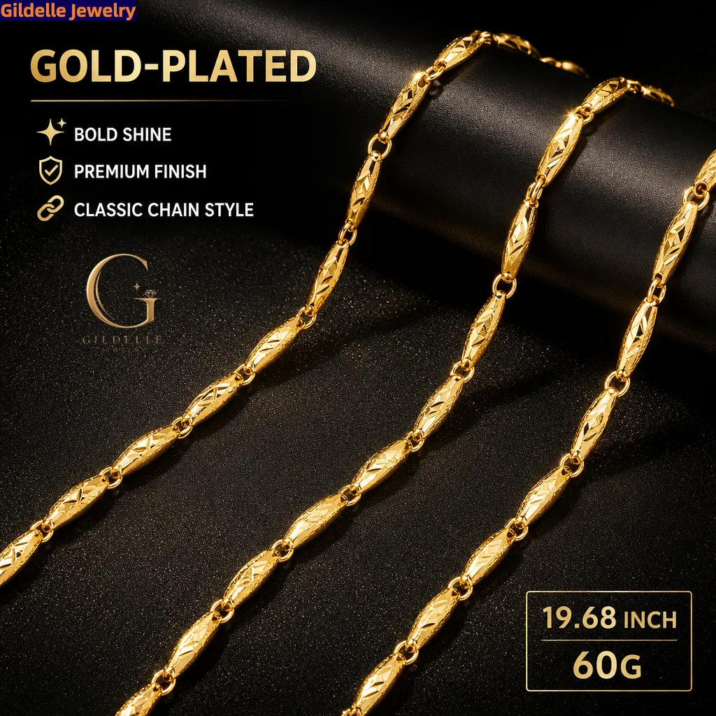 Gildelle 24K Real Gold-Plated Copper Oval Rice Bead Chain Necklace, 19.7-Inch Textured 4mm Gold-Tone Statement Jewelry