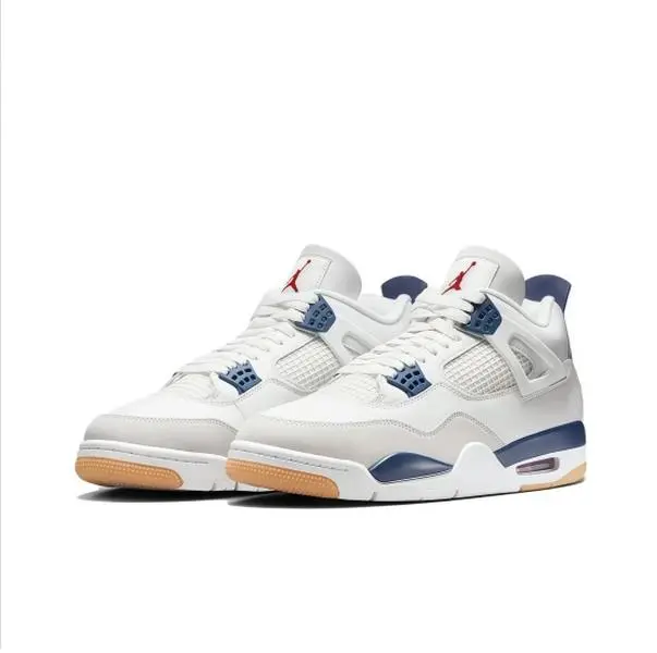 Retro White Navy Gum Mid Top Basketball Sneakers for Men, Leather Mesh Combo Upper, Non-slip Outsole, Air Cushion Support
