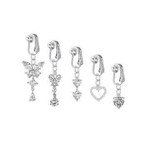 &Rhinestone & Butterfly Decor Non-piercing Belly Button Rings, 5counts Belly Piercing Jewelry for Party, Daily Clothing Decor for Girl, As Birthday Gift for Back To School