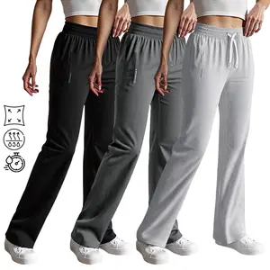 3 Pack Women's Waffle Knit Wide Leg Pants - High Waisted Yoga Palazzo Pants with Pockets, Straight Leg Lounge Sweatpants, Lightweight Breathable Flowy Pajama Bottoms Set