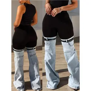 Women High Elastic Waist Two Tone Trendy Patchwork Jeans With Garter Belt Detail �C Unique Streetwear Style Can be used with raincoat