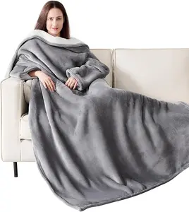 Cozy Wearable Blanket with Sleeves Arms and Pockets for Women Men Warm TV Wrap Throw Blanket Robe Grey Ideal Gift for Mom Wife