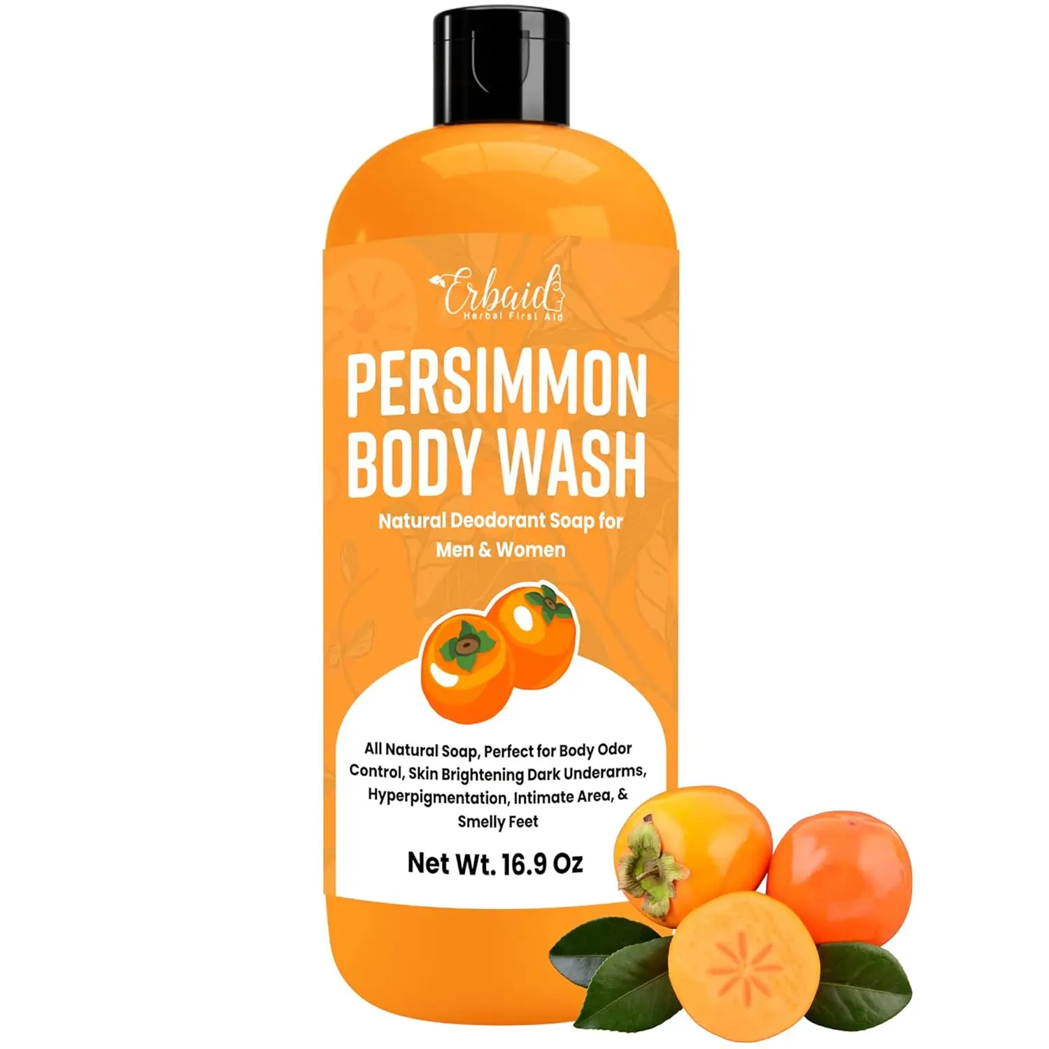 Persimmon Body Wash for Body Odor Control – Natural Deodorant Soap for Eliminating Odor – Underarms, Intimate Inner Thigh, Bikini Area, Smelly Feet – Purifying Deodorizing Soap, Kids Safe