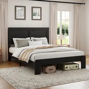 Bed Frame Queen Size, Wood Queen Platform Bed Frame with Headboard and Wood Slat Support, Noise Free, No Box Spring Needed and Easy Assembly Tool, Large Under Bed Storage, Dark Black