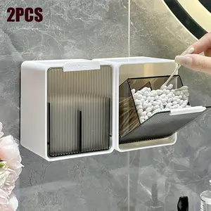 Fashion Striped Plastic Wall-Mounted Cosmetic Storage Box Set, Flip Lid Q-Tip Holder, Bathroom Accessories, Makeup Organization