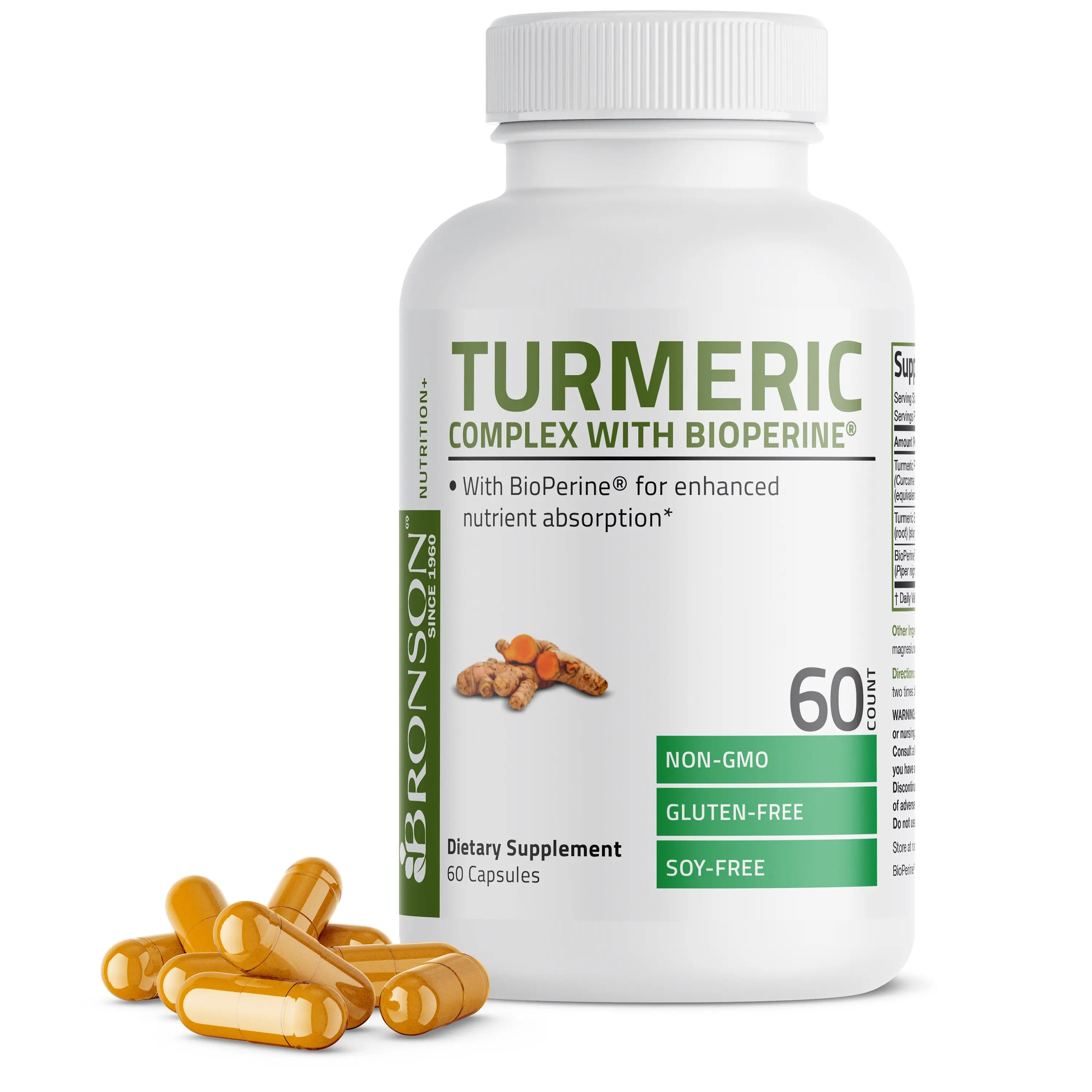 Bronson Turmeric Curcumin with BioPerine - High Potency 95% Curcuminoids, Dietary Supplement, Non-GMO, Gluten-Free, Soy-Free, 60 Capsules