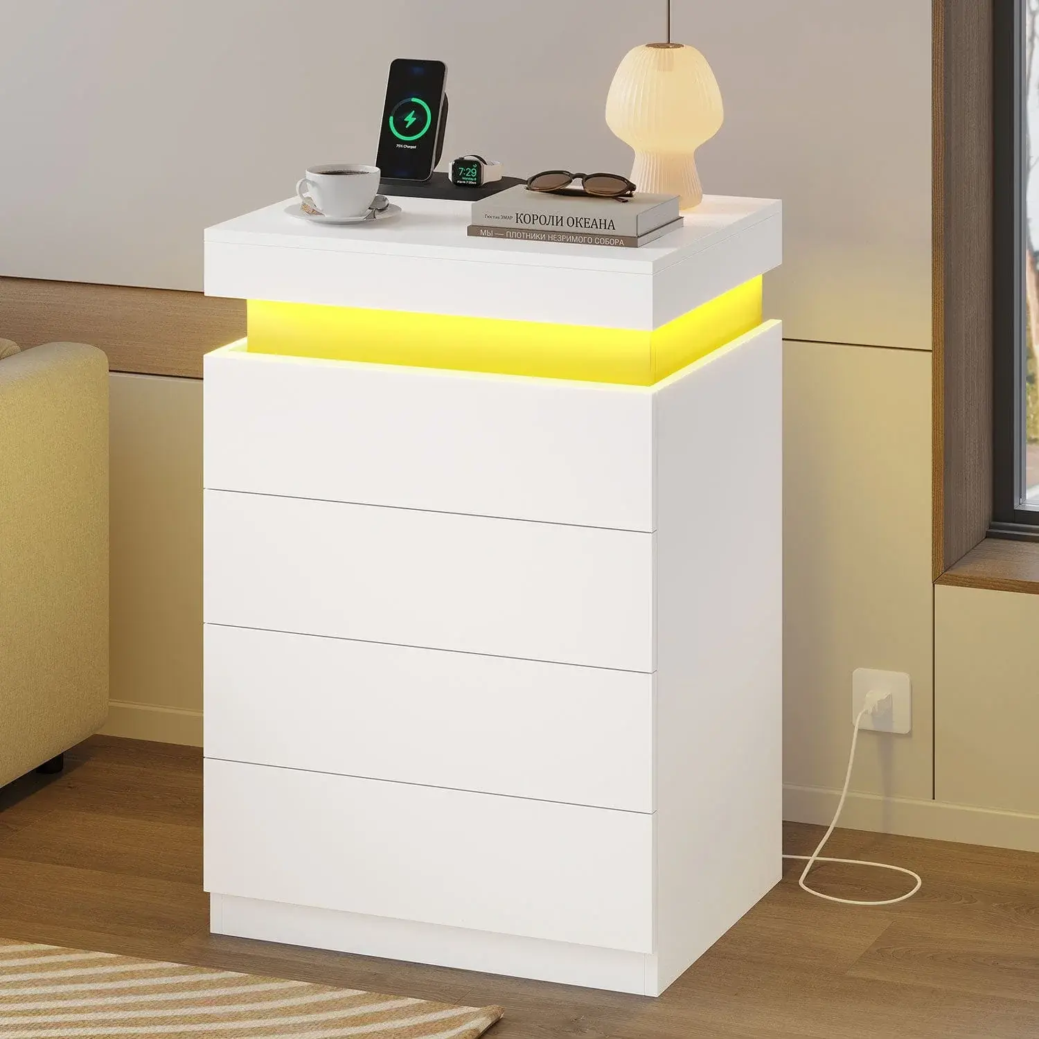 Sikaic Nightstand with Sliding Top and Charging Station, White 4 Drawer Nightstand with Storage Shelf