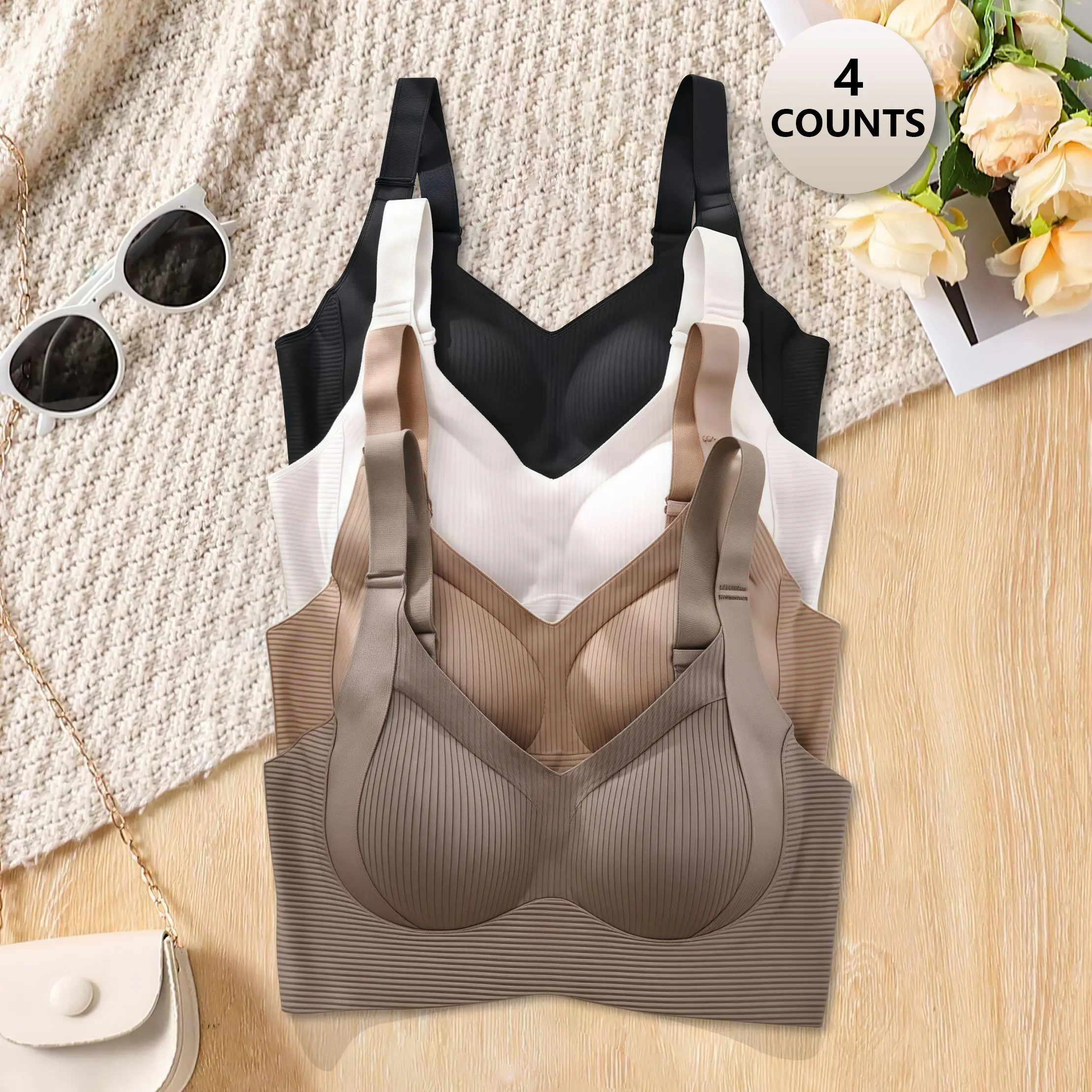3/4 counts Women's Solid Wireless Bra, Comfortable Breathable Push Up Bra, Softness Lightweight Lingerie for All Seasons, Womenswear Lingerie for All Seasons, girl,Soft Comfortable Breathable Ribbed Push Up Seamless Bra, gift,girl