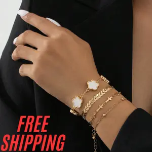 4pcs Set Women Gold Bracelet With Lucky Clover, Airplane, Beads, And Cross Charms italian charm bracelet