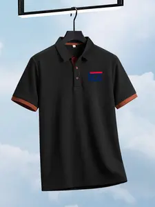 Men's Fashion Print Polo Shirt, Creative Simple Horse Pattern Short Sleeve Collared Top, Collar and Color Block Sleeves, Summer Casual Golf Shirt