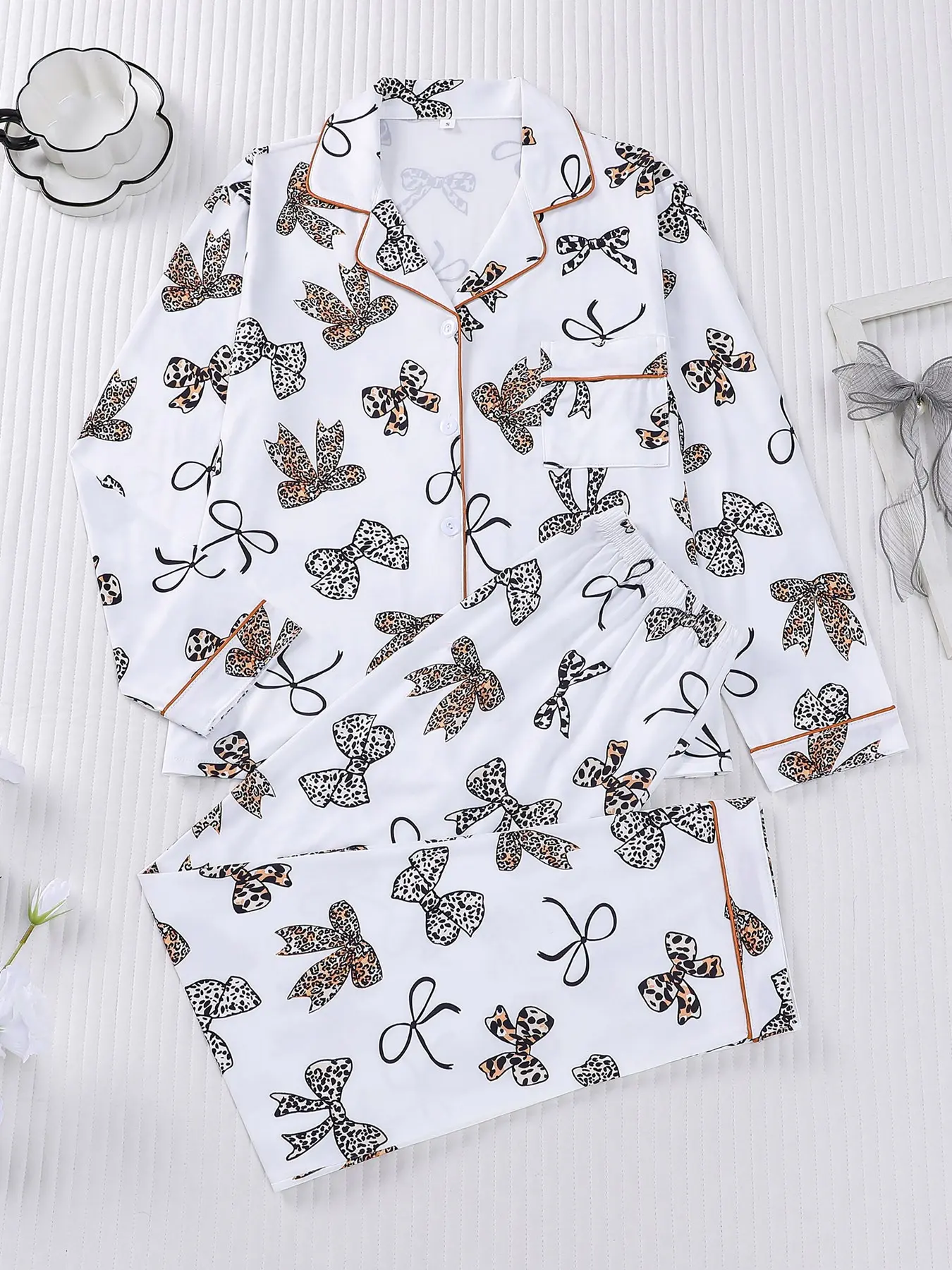 Women's Leopard Bow Print Pajama Set, Long Sleeve Fitted Sleepwear & Loungewear with Pocket, Casual Everyday Home Clothing for All Seasons, 2 Piece Set, Homewear, Pyjamas, Matching Pajama Set, Pajama Lounge Sets
