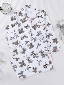 Women's Leopard Bow Print Pajama Set, Long Sleeve Fitted Sleepwear & Loungewear with Pocket, Casual Home Clothing for All Seasons, 2 Piece Set, Homewear