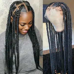 ZIHAN Full Lace Jumbo Box Braids Wig Heat Resistant Synthetic Hair Burgundy 180% Density for Elegant Updo Styles Everyday Special Events Women's Straight Hair Wig