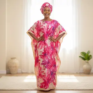 Women's Pink Floral Kaftan Maxi Dress with Headwrap - Summer Resort Wear