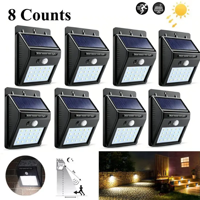 8-Pack 20led Wireless Waterproof Solar Motion Sensor Wall Light, Ideal for Fences, Patios, Decks, Gardens, Outdoor Decor Lighting, Waterproof Solar Lights