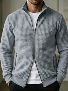 Men's Loose Fit Waffle Jacket with Dual Zippers, Casual Breathable Long Sleeve Outerwear for Spring Summer Fall, Fashion Asymmetrical Design