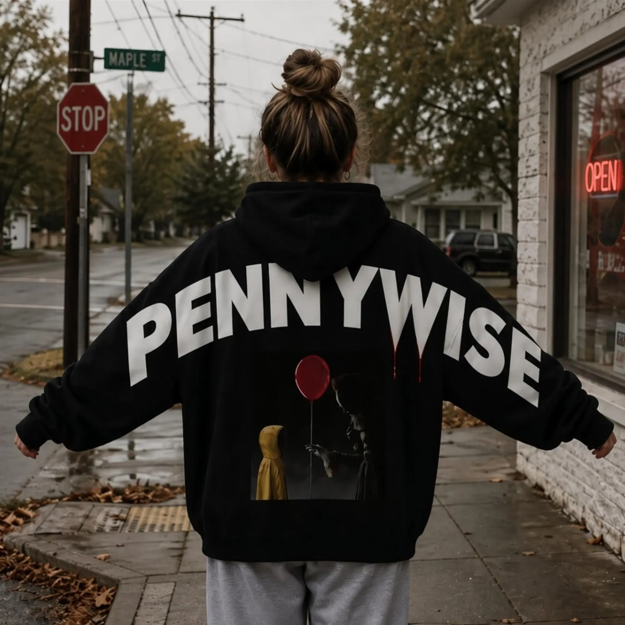 Pennywise Shoulder to Shoulder Hoodie Funny IT Clown Horror Movie Graphic Sweatshirt Spooky Season Back Print Apparel Scary Film Fan T-Shirt Edgy Streetwear Heavy Metal Style Crewneck Sweatshirt Cozy Hoodie Unique Gift