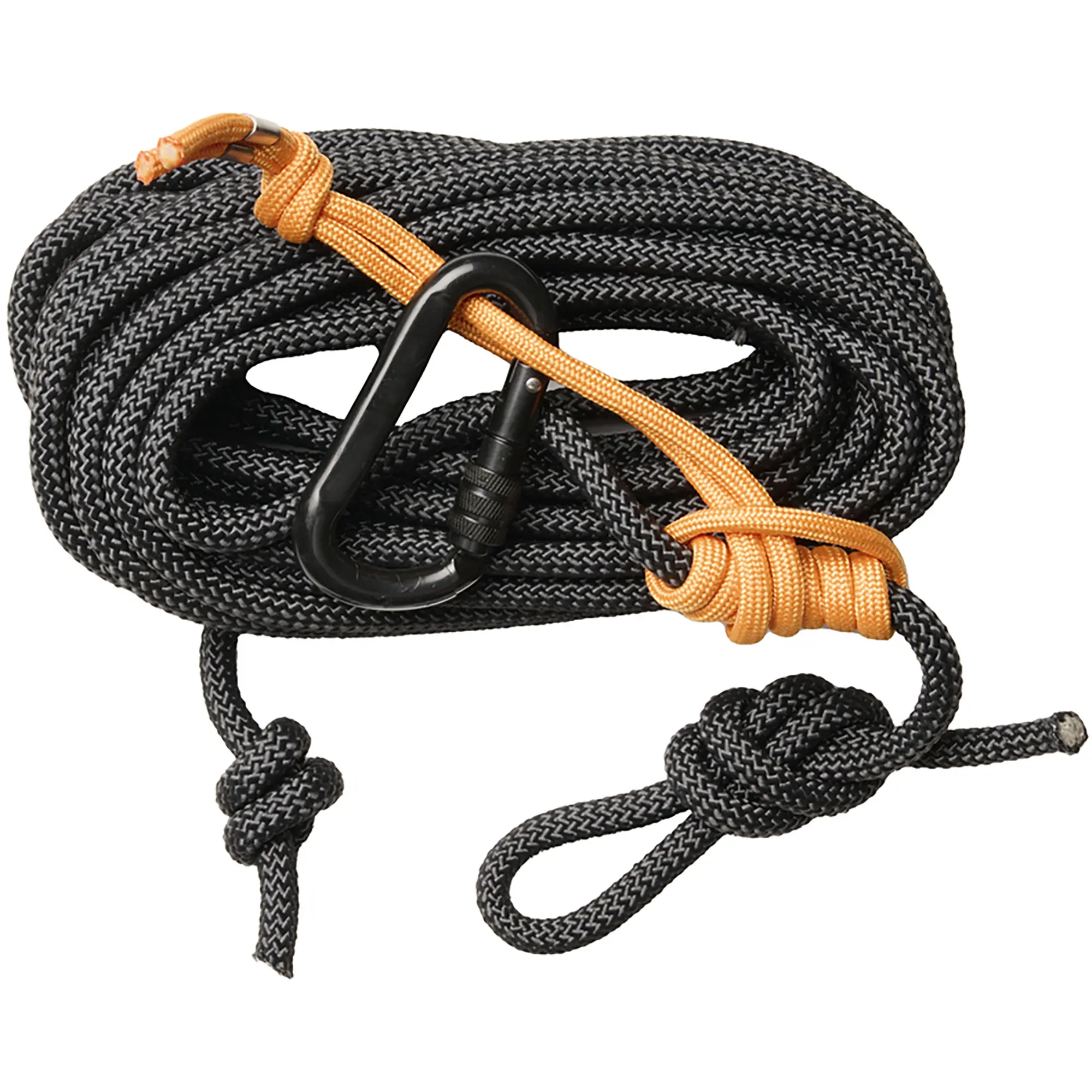 35' Nylon Hunting Safety Climbing Rope with Carabiner, Prusik Knot, Easy Slide Feature, Rubber Coating - Black Outdoor Climbing Gear