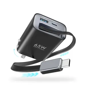 65W Retractable Wall Charger with built in cable, 3-Port USB Charging Block, Fast Charging Charger for iPhone, iPad, Tablets, LG, Samsung, Laptop and More