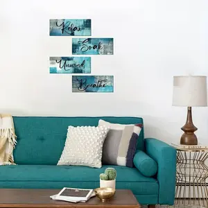 Modern Wooden Bathroom Wall Art Set, Rustic Farmhouse Style Decor, Turquoise & Signs, Inspirational Quotes, 25x10 Cm/10x4 Inches, Wall Art Decoration