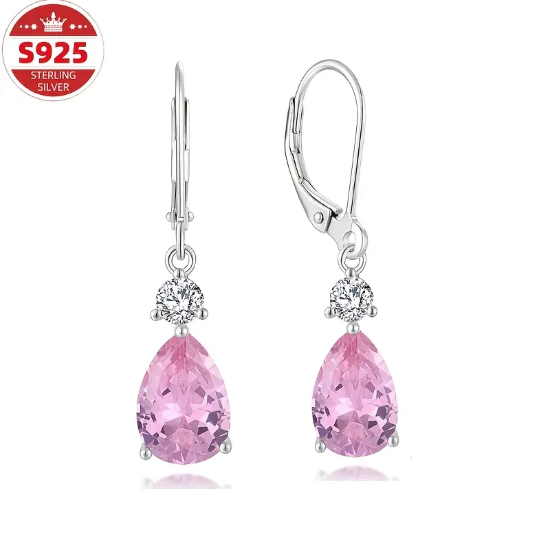 Elegant S925 sterling silver teardrop earrings for women with pink synthetic zirconia; suitable for parties, banquets, and vacations; elegant dangling earrings for all seasons; unique fashion accessory; women’s jewelry—perfect gifts for Valentine’s Day an