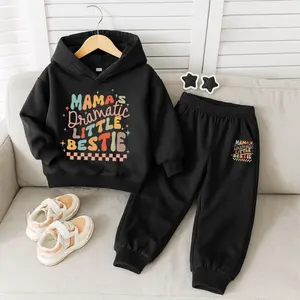 Girls' Fleece-Lined Hooded Tracksuit Fashion Clothes Set - "Mama's Dramatic Little Bestie" Print, Hoodie & Sweatpants for Casual Wear, Jogging in Autumn & Winter