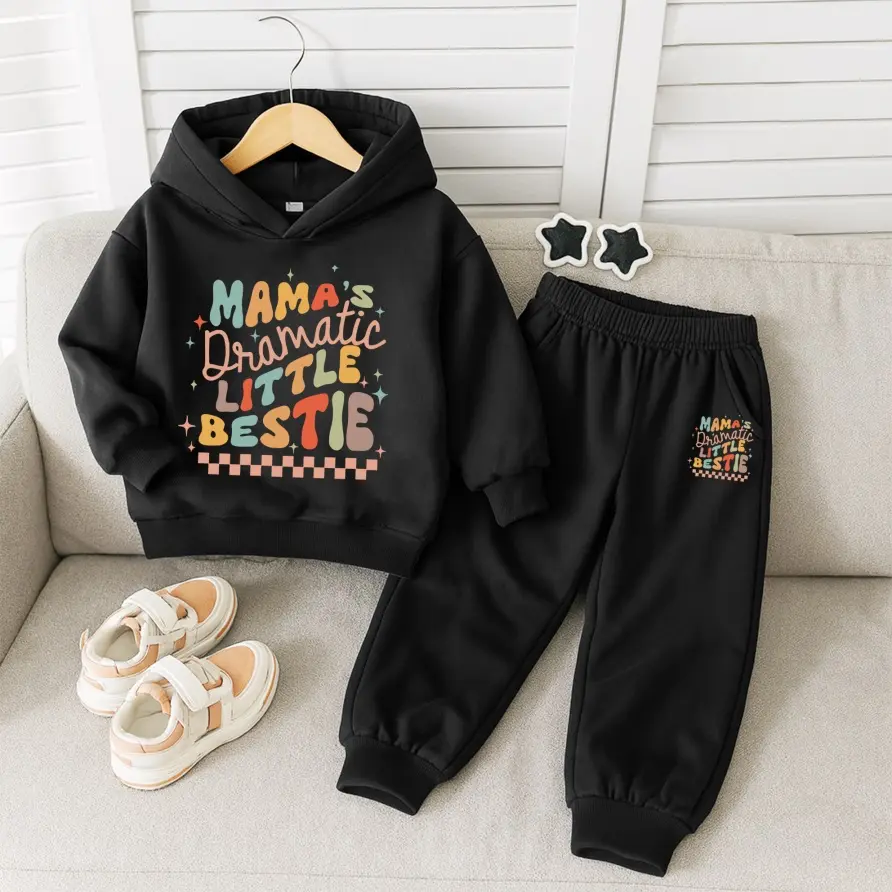 Girls' 2-Piece Fashion Tracksuit - Thick Hooded Neck Top with "Mama's Bestie" Unique Print and Tapered Cut Pants for Fall, Fashion Clothes Set, Kids Clothing Girls, Fitted Shape