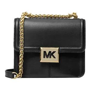 Michael Kors Sonia Small Flap Bag - Premium Black Leather with Bold Gold-Tone Logo, Luxury Chain Strap Shoulder Bag, Perfect Gift for Her