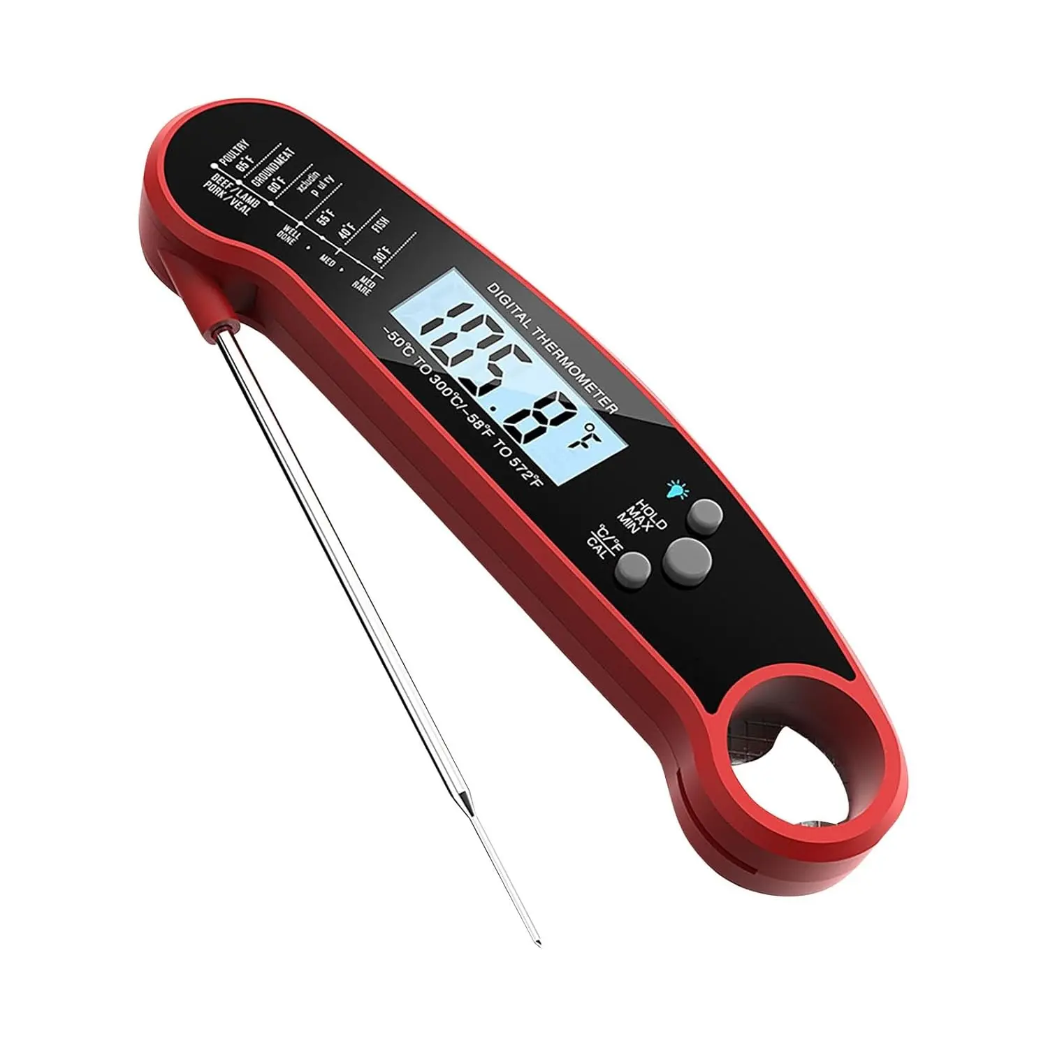 Stainless Steel Digital Kitchen Meat Thermometer, LCD Display, Bottle Opener - Instant-Read, Waterproof, Magnetic Kitchen Utensil for Grilling, Baking