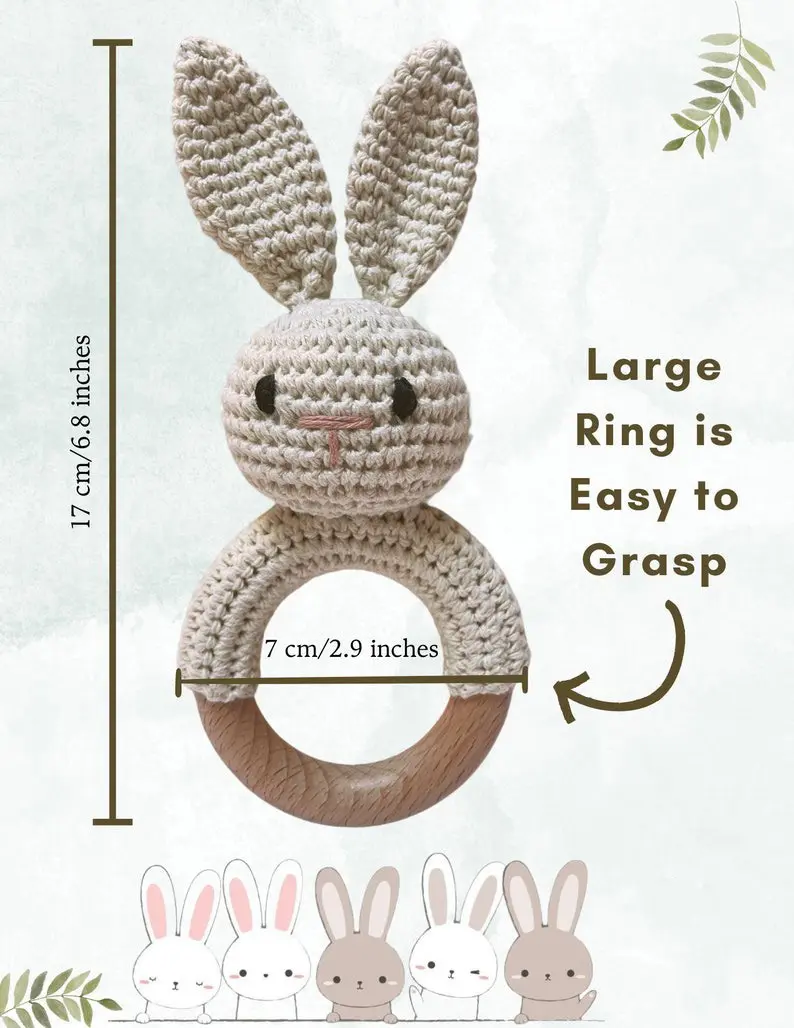 Easter Gift Rattle and Teether Toy Handmade Crochet, Safe and Non-Toxic Beechwood, Amigurumi Bunny