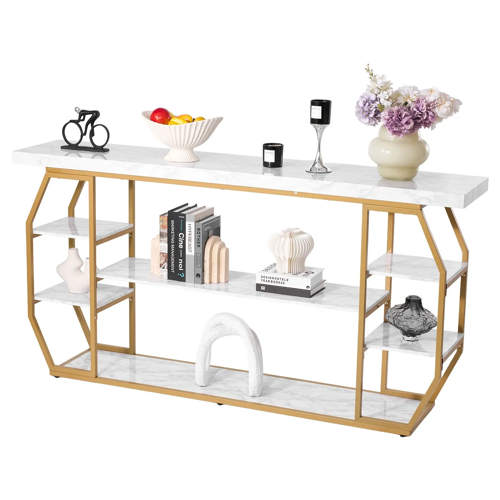VEVOR Freestanding Marble Console Table, 3-Tier Modern Design with Golden Geometric Lines, Metal Base Frame, Anti-Tip Device, Iron Tubes & Triangular Support, Open Storage for Living Room, Hallway, 58.64 lbs, 220 Lbs / 100 Kg Capacity