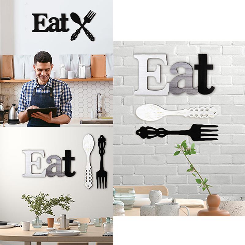 Eat Sign Set with Fork and Spoon Wall Decor Rustic Wood Country Art for Kitchen Home 35x17.5cm Durable Wooden Letters Stylish Colors Easy Hang Hooks Ornaments Hangable