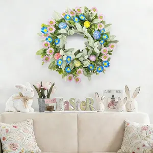 Colorful Eucalyptus Spring Easter Wreath with Velvet Bunny Ears and Daisy Eggs, Vibrant Home Decoration for Parties and Holidays