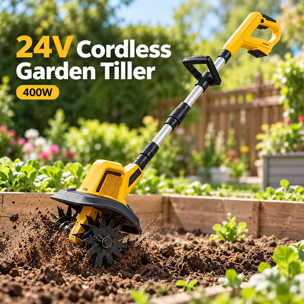 24V Cordless Garden Tiller Cultivator, 400W Electric Garden Tiller with 2 Batteries & Charger, 330 r/min, 7.9-Inch Tilling Width, 5.9-Inch Depth, Adjustable Handle for Raised Beds & Flower Beds