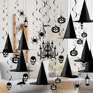 6pcs Hanging Witch Hats Halloween Decorations Indoor 21pcs Swirl Halloween Porch Decor Black, Wall Decorations for Home Yard Porch Ceiling Ornaments Bat Spider Pumpkin Skull Ceiling Streamers